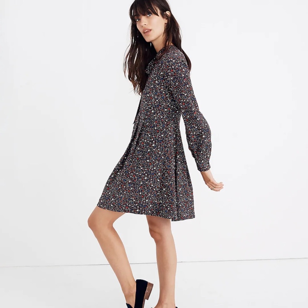 Madewell Balsam Tie-Neck Dress in Starry Night 100% silk